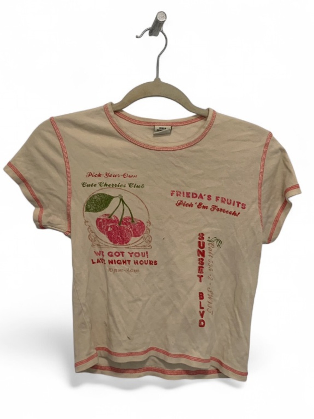 Urban Outfitters Cream Cherry Graphics Baby Tee with Pink Trim
